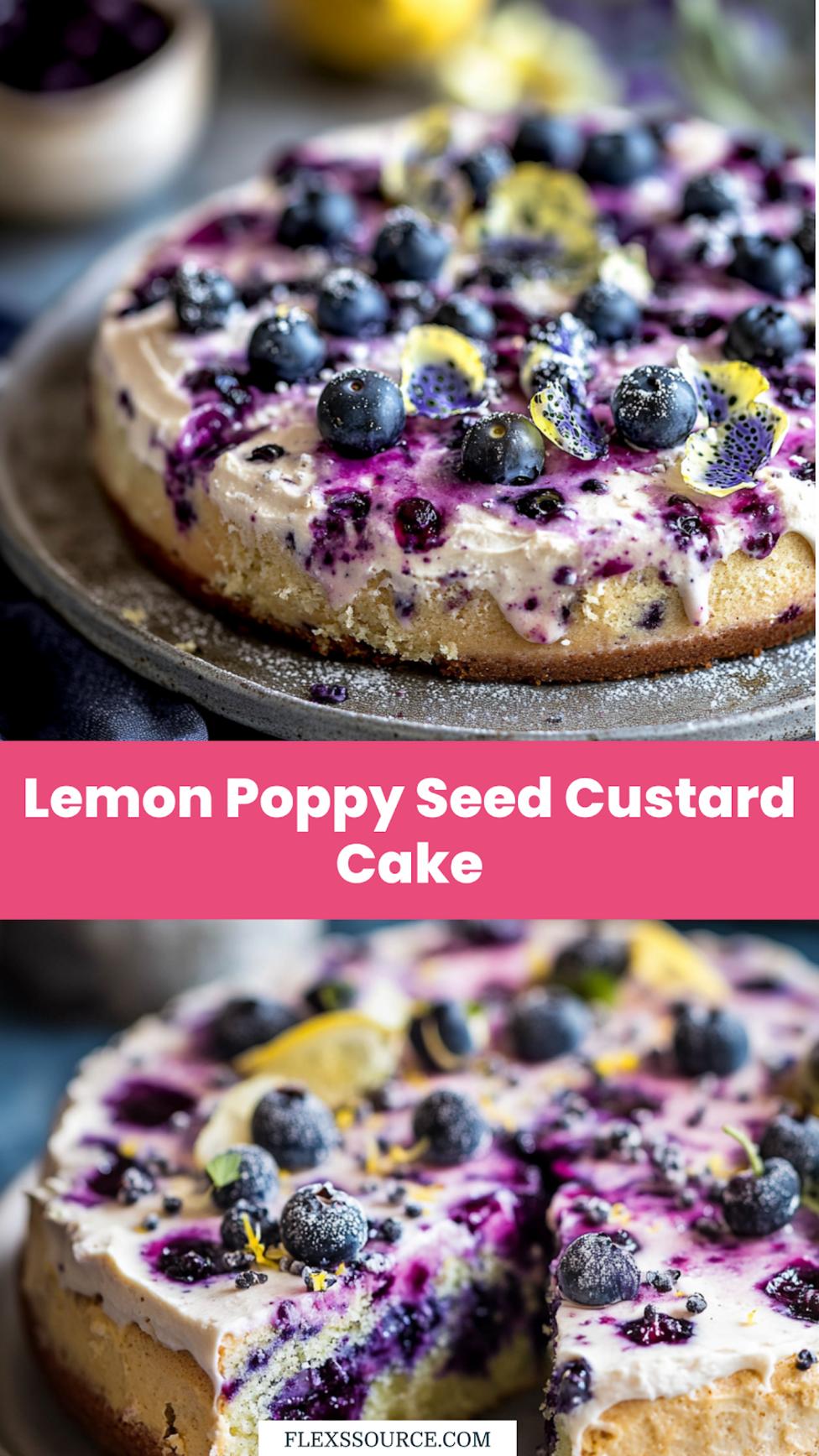 Blueberry Lemon Poppy Seed Custard Cake perfect for sharing and pinning