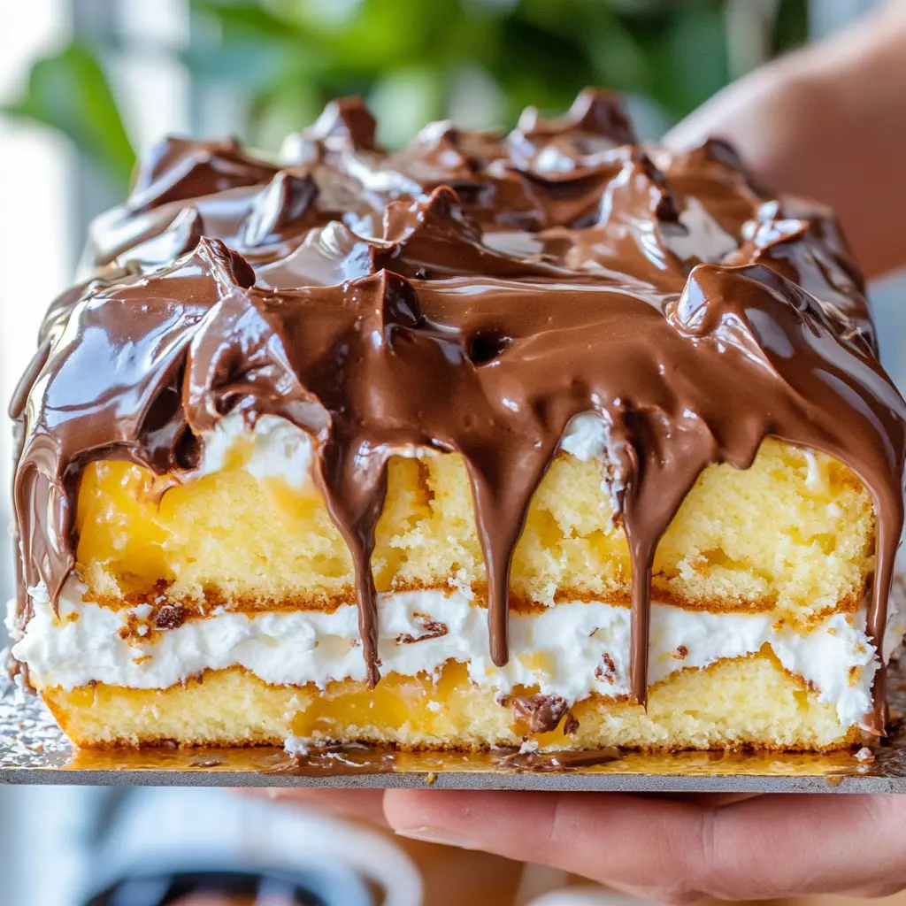 Boston Cream Poke Cake with layers of vanilla pudding and chocolate topping