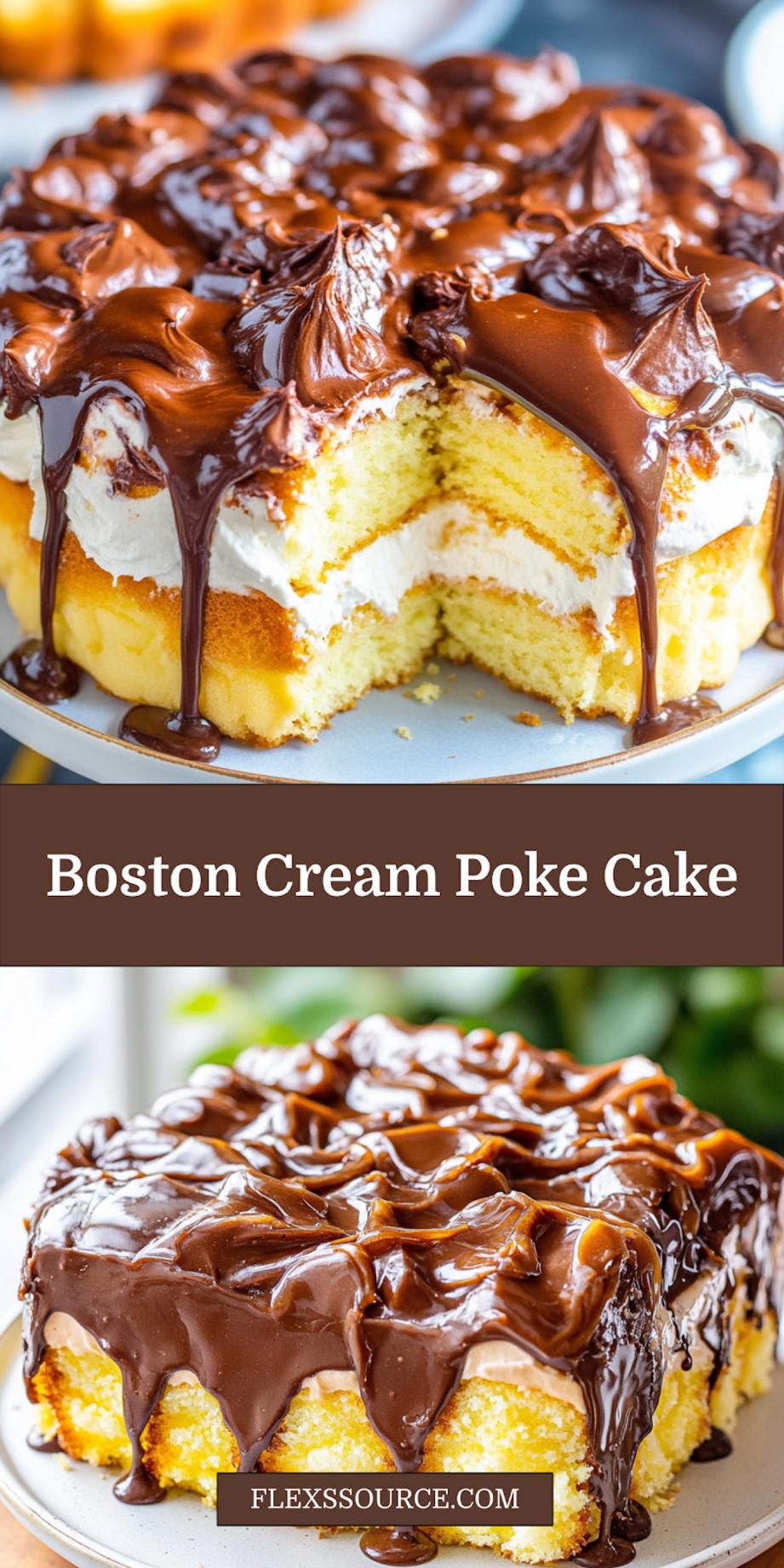 Boston Cream Poke Cake with creamy pudding layers and chocolate topping
