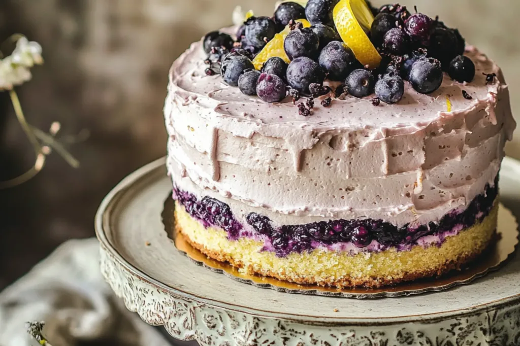 BURSTING BLUEBERRY LEMON LAYER CAKE centered hero view, clean and uncluttered