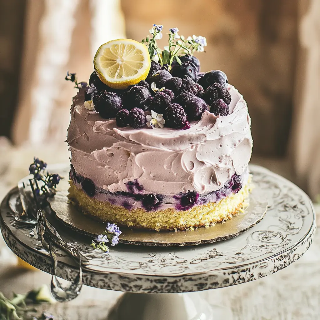 BURSTING BLUEBERRY LEMON LAYER CAKE centered hero view, clean and uncluttered