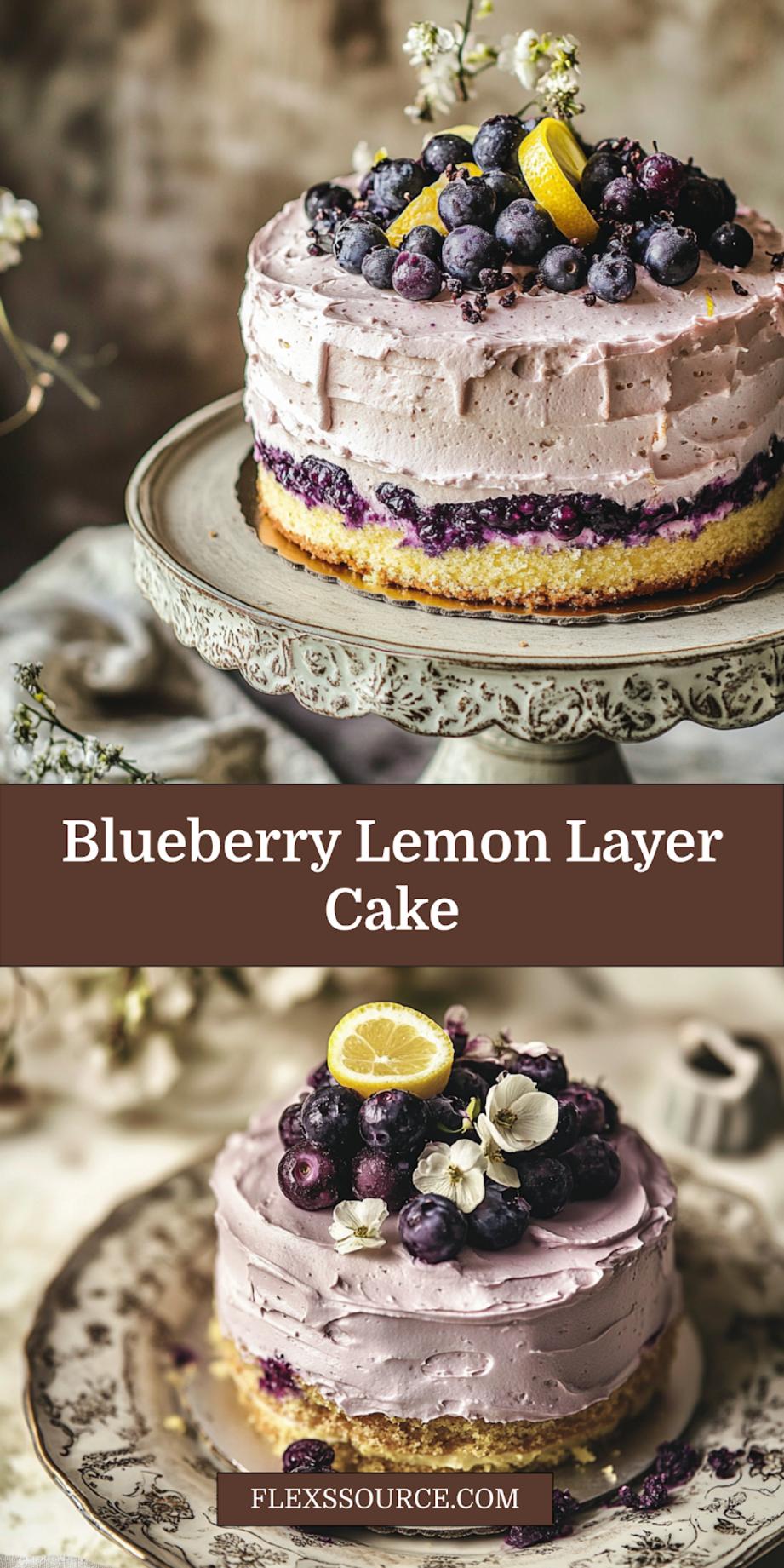 BURSTING BLUEBERRY LEMON LAYER CAKE centered hero view, clean and uncluttered