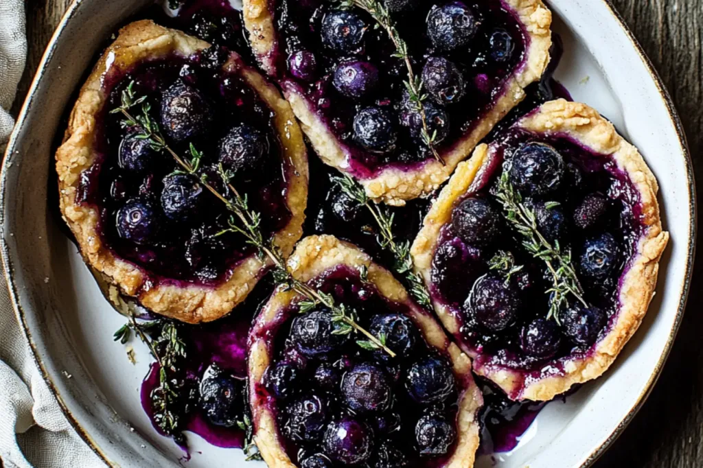 BURSTING BLUEBERRY LEMON THYME TARTS centered hero view, clean and uncluttered