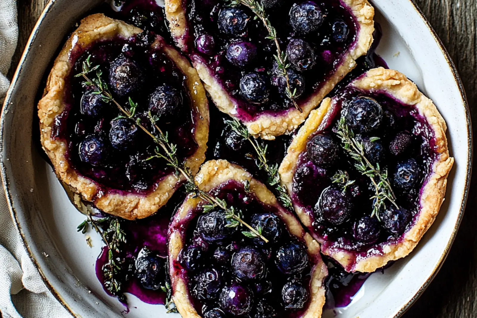 BURSTING BLUEBERRY LEMON THYME TARTS centered hero view, clean and uncluttered