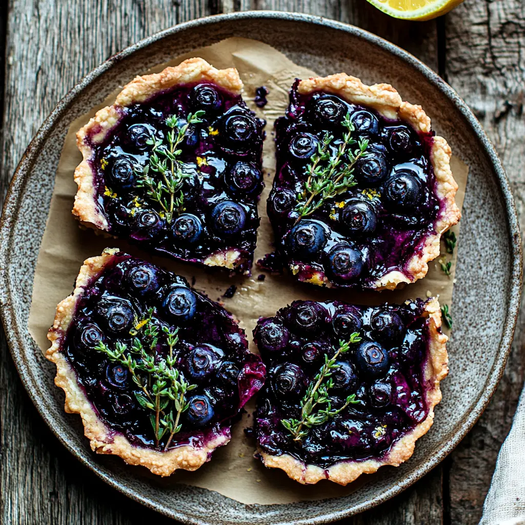 BURSTING BLUEBERRY LEMON THYME TARTS centered hero view, clean and uncluttered