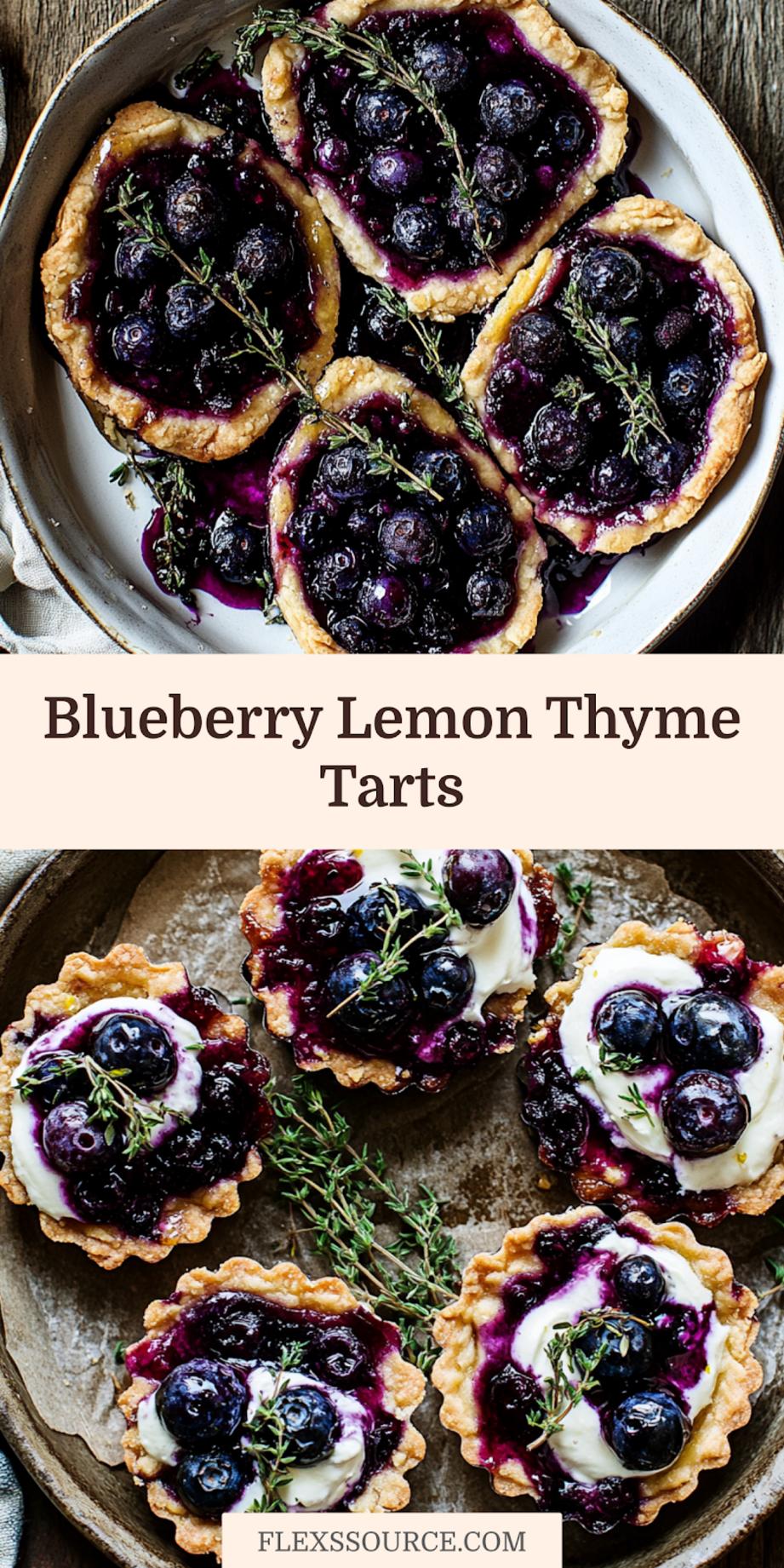 BURSTING BLUEBERRY LEMON THYME TARTS centered hero view, clean and uncluttered
