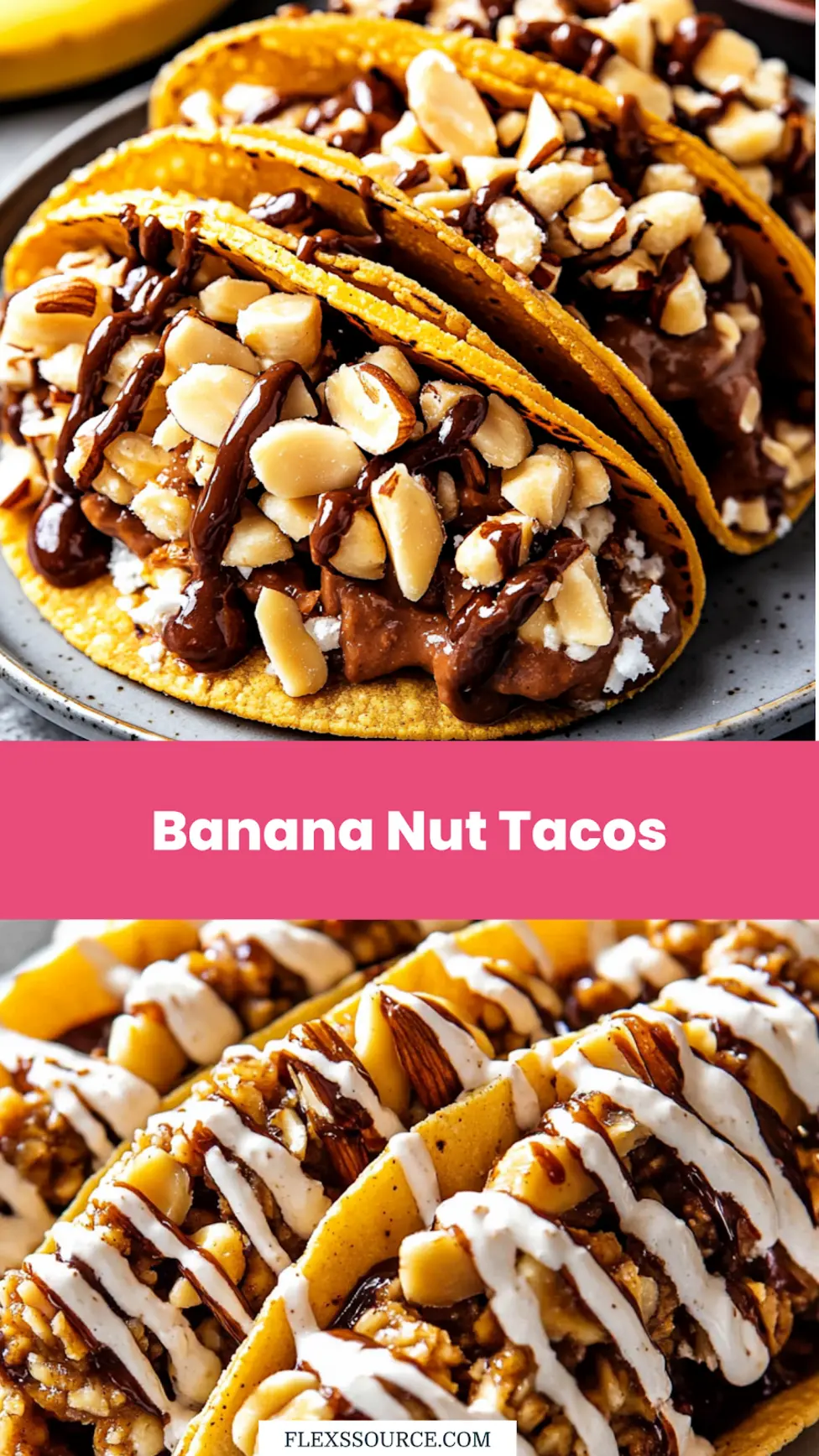 CARAMEL BANANA NUT TACOS centered hero view, clean and uncluttered
