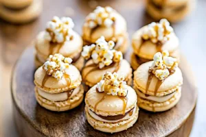CARAMEL POPCORN MACARONS centered hero view, clean and uncluttered