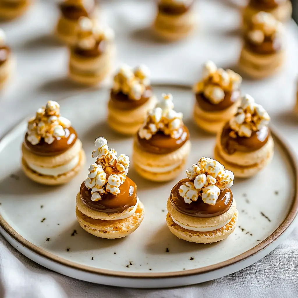 Caramel Popcorn Macarons with golden caramel buttercream and crunchy caramel popcorn topping
