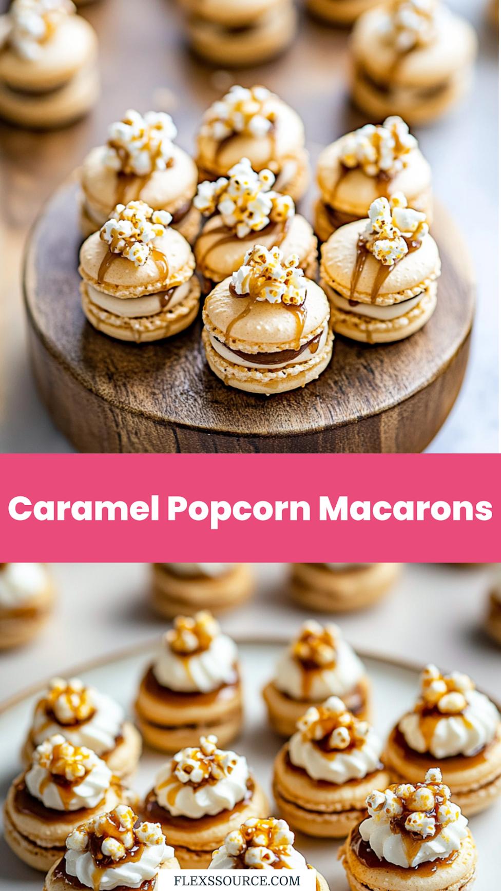 Caramel Popcorn Macarons with salted caramel buttercream and crunchy caramel popcorn pieces