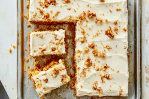 Carrot Cake Sheet Cake Easy Easter Dessert Recipe CARROT CAKE SHEET CAKE EASY EASTER DESSERT centered hero view, clean and uncluttered