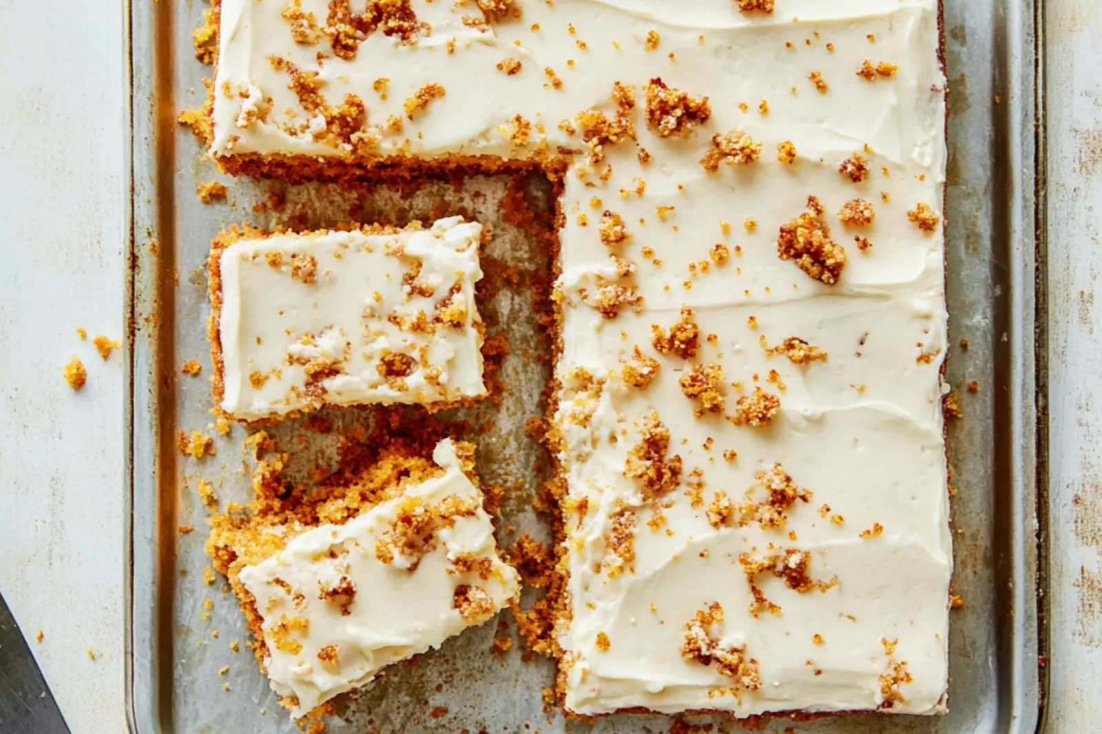 CARROT CAKE SHEET CAKE EASY EASTER DESSERT centered hero view, clean and uncluttered