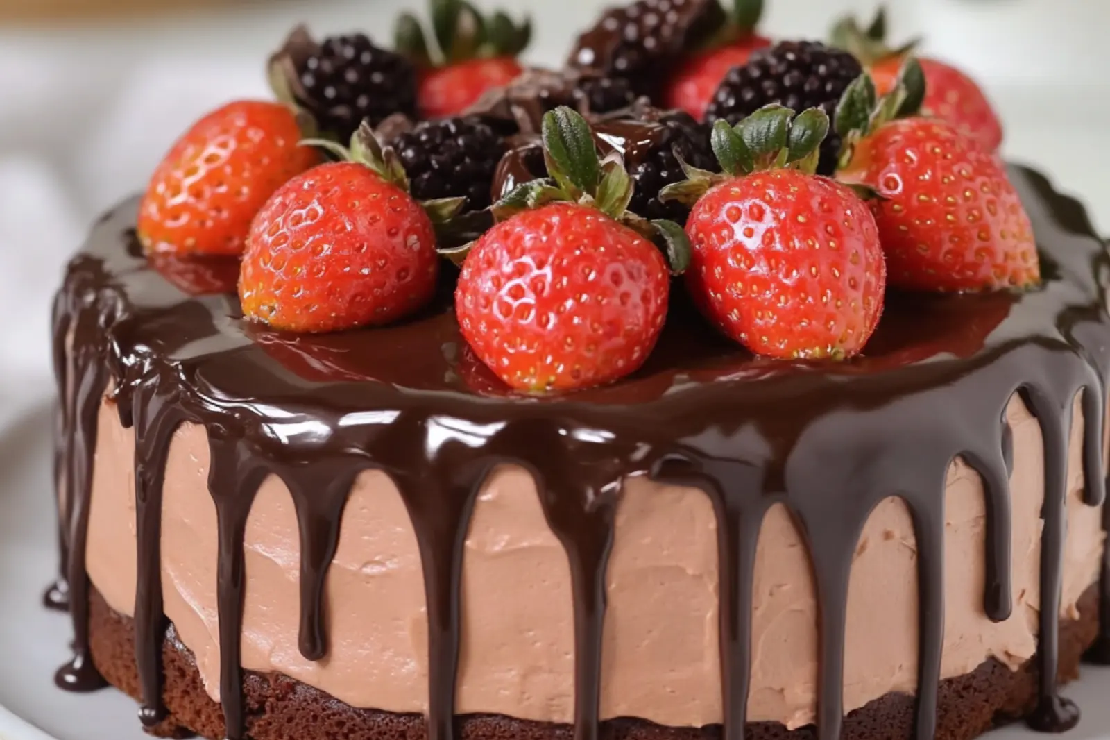 CHOCOLATE CAKE WITH CHOCOLATE STRAWBERRIES centered hero view, clean and uncluttered