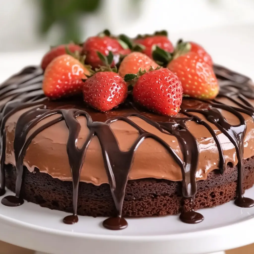 Chocolate cake with chocolate strawberries centered hero view, clean and uncluttered