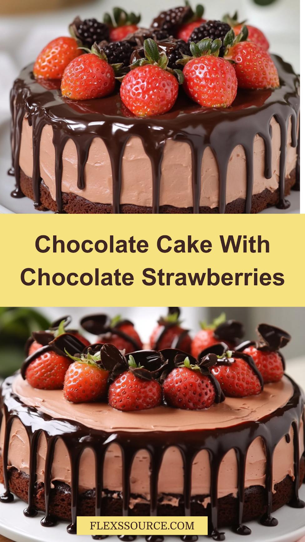 Chocolate cake with chocolate strawberries centered hero view, clean and uncluttered pin