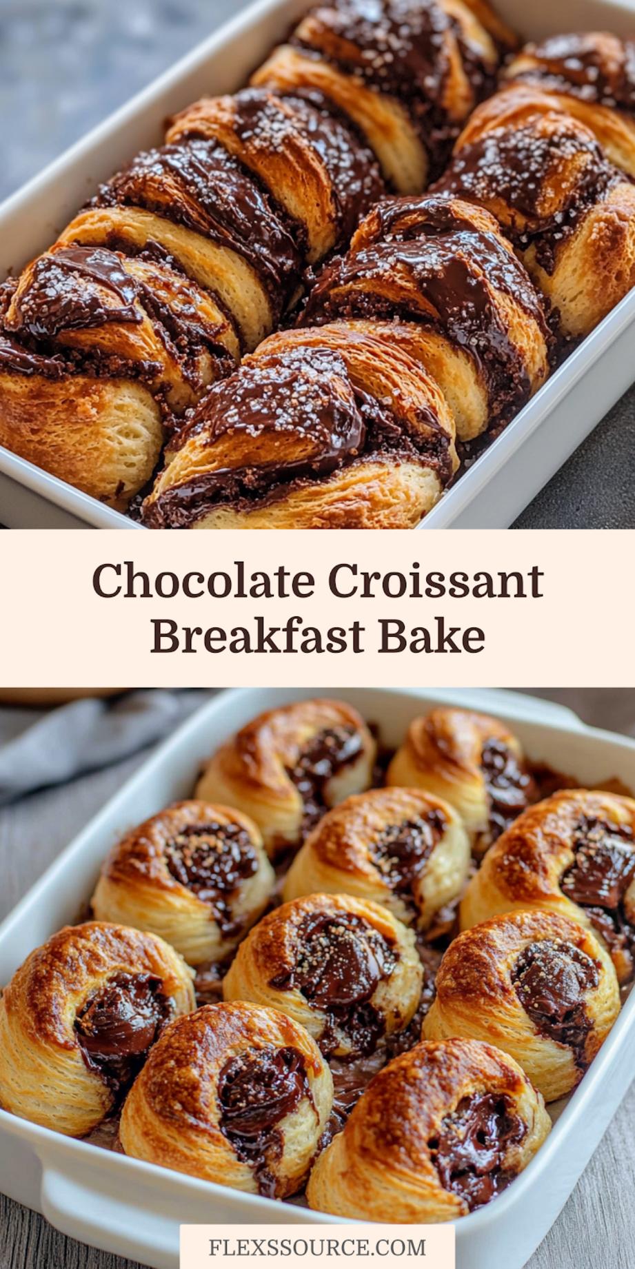 Chocolate Croissant Breakfast Bake Recipe Easy and Delicious 4 CHOCOLATE CROISSANT BREAKFAST BAKE centered hero view, clean and uncluttered_pin