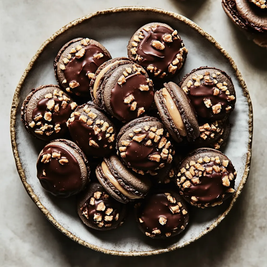 CHOCOLATE PEANUT BUTTER MACARONS centered hero view, clean and uncluttered