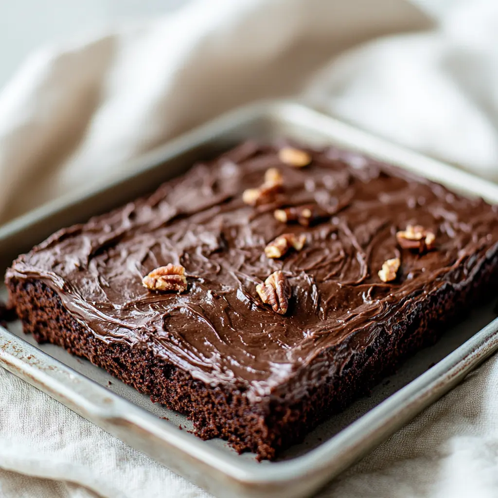 CHOCOLATE TEXAS SHEET CAKE centered hero view, clean and uncluttered