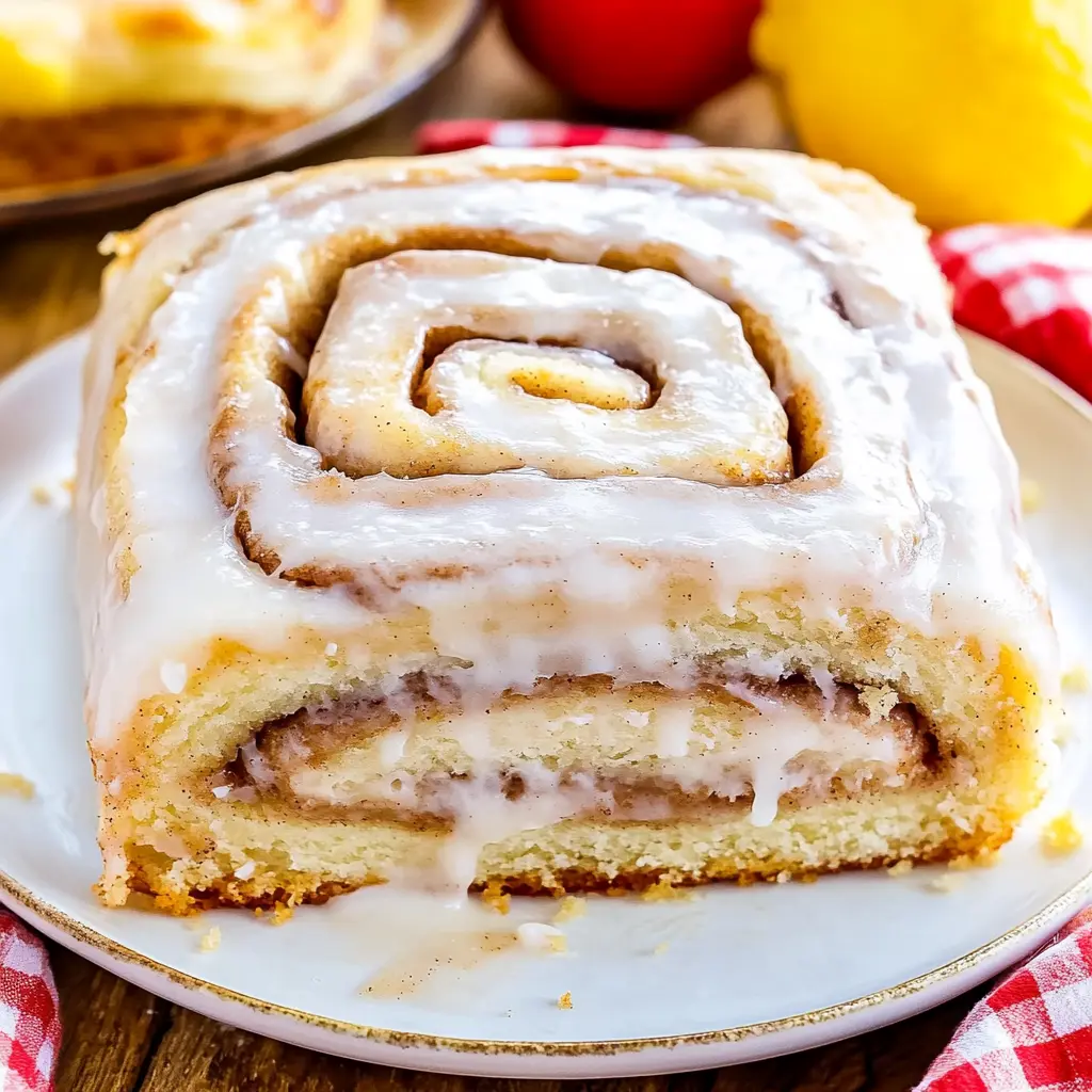 Cinnamon Roll Cake with vanilla glaze, centered hero view