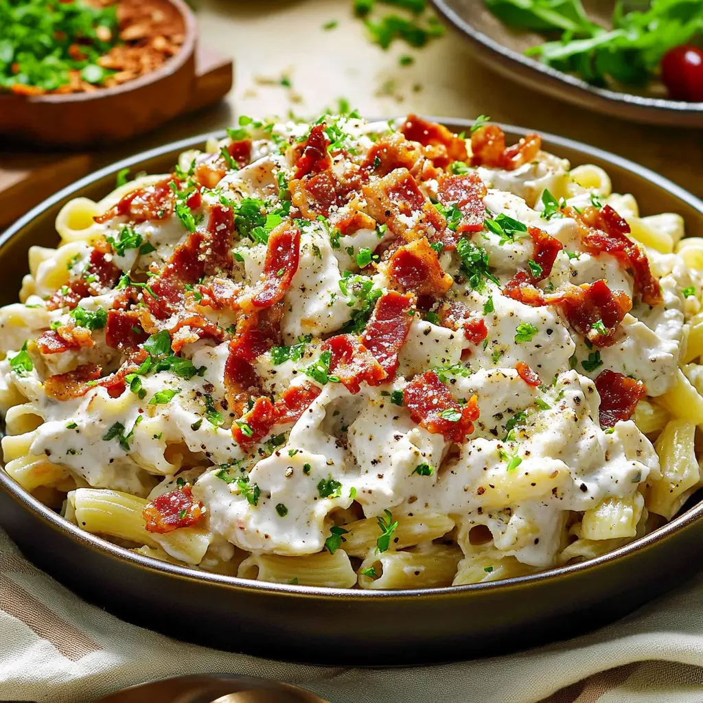 Creamy Bacon Ranch Pasta Salad centered hero view, clean and uncluttered