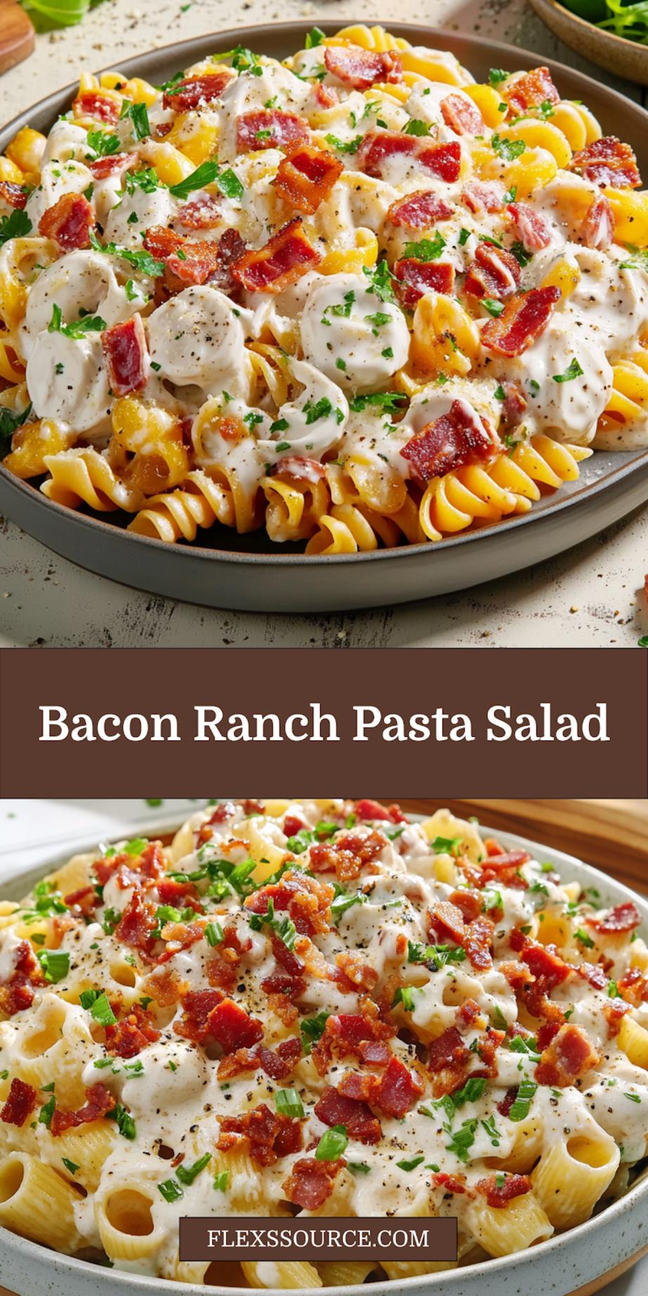 Creamy Bacon Ranch Pasta Salad centered hero view, clean and uncluttered pin