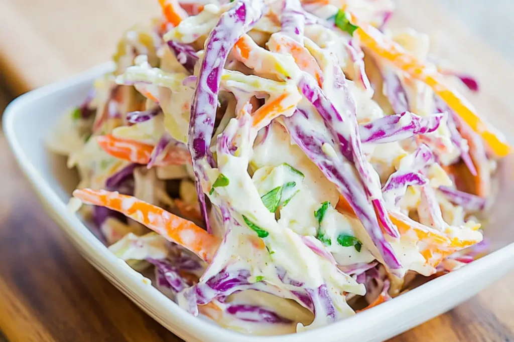 CREAMY GREEK YOGURT COLESLAW centered hero view, clean and uncluttered