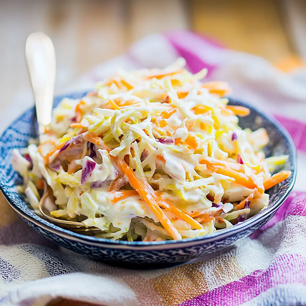 Creamy Greek Yogurt Coleslaw in a serving bowl with visible shreds of green and purple cabbage and carrots