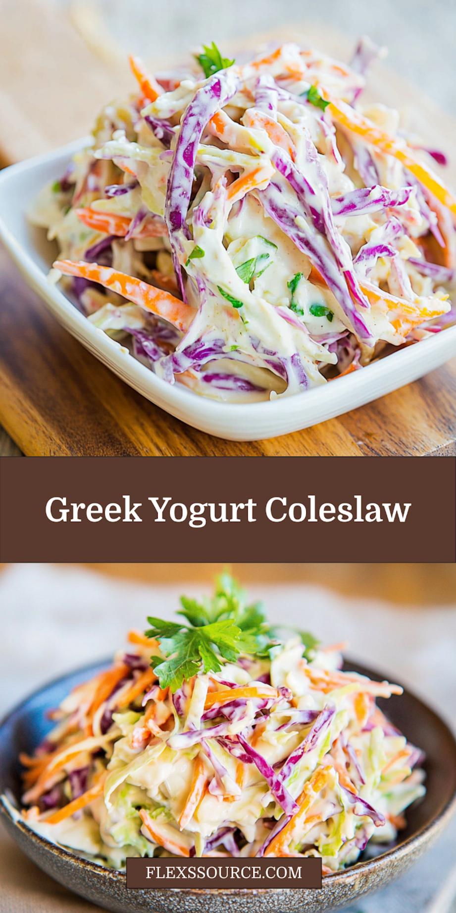 Creamy Greek Yogurt Coleslaw pin image with colorful cabbage slaw in serving bowl