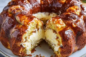 DECADENT KING CAKE WITH CREAM CHEESE FILLING centered hero view, clean and uncluttered