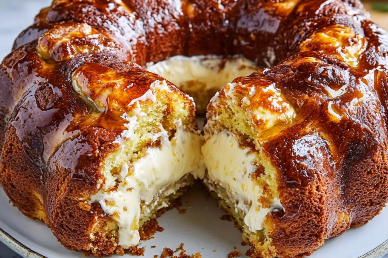 DECADENT KING CAKE WITH CREAM CHEESE FILLING centered hero view, clean and uncluttered