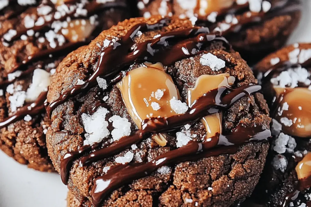DOUBLE CHOCOLATE SALTED CARAMEL COOKIES centered hero view, clean and uncluttered