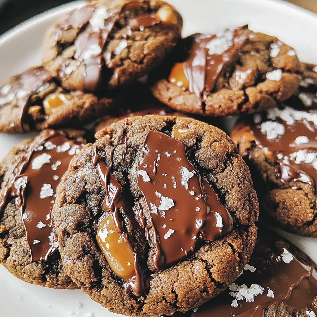 DOUBLE CHOCOLATE SALTED CARAMEL COOKIES centered hero view, clean and uncluttered