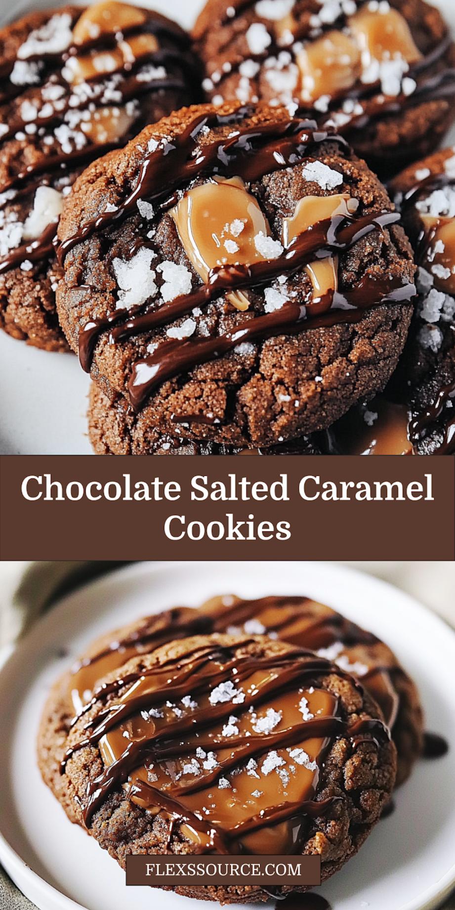 DOUBLE CHOCOLATE SALTED CARAMEL COOKIES centered hero view, clean and uncluttered pin
