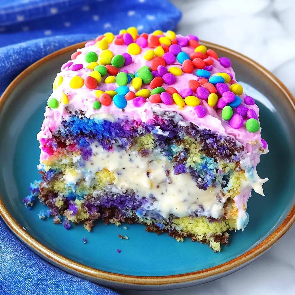 Easter poke cake with cheesecake pudding, pastel swirls and whipped topping