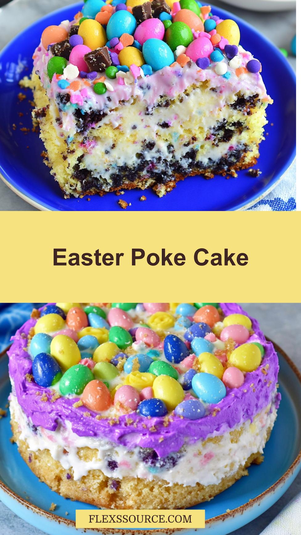 Easter poke cake with cheesecake pudding, pastel colors and festive topping