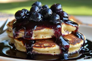 GLUTEN FREE PANCAKES WITH BLUEBERRY SYRUP centered hero view, clean and uncluttered