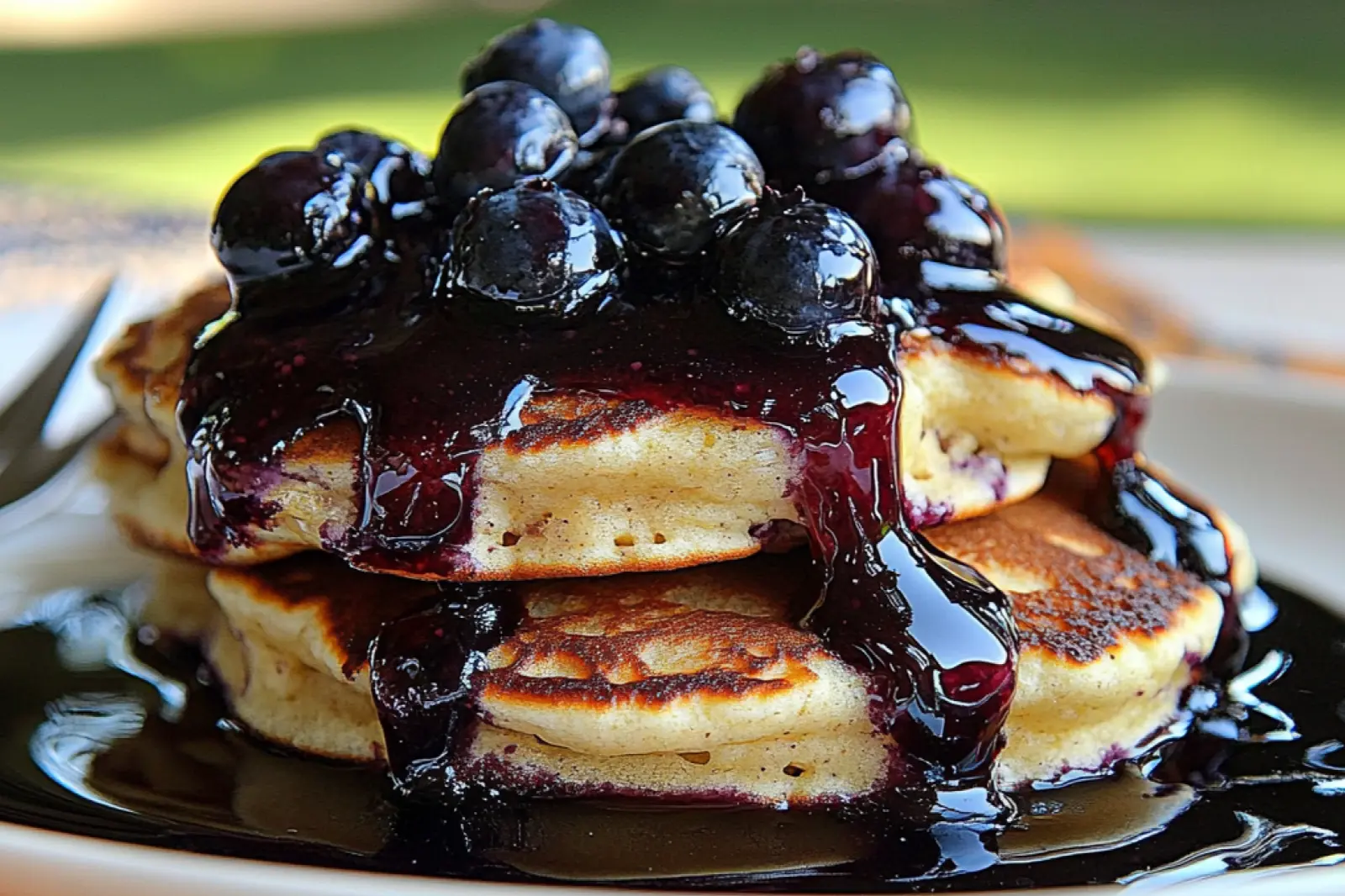 GLUTEN FREE PANCAKES WITH BLUEBERRY SYRUP centered hero view, clean and uncluttered