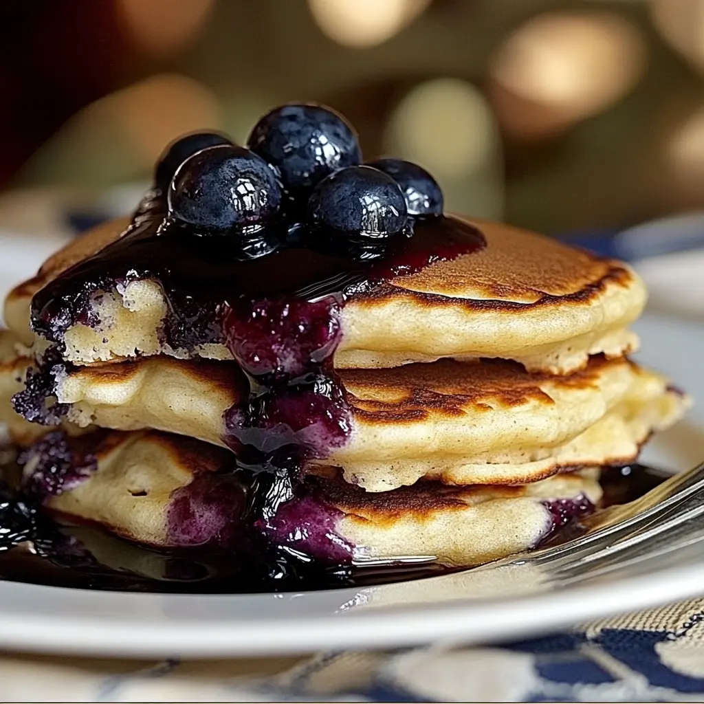 Gluten free pancakes with blueberry syrup centered hero view, clean and uncluttered