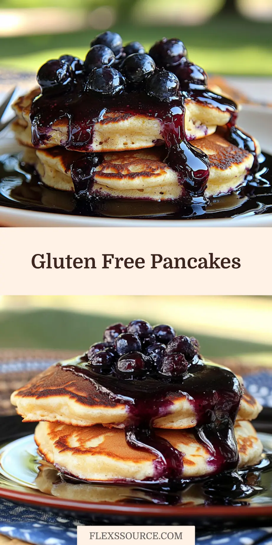 Gluten free pancakes with blueberry syrup centered hero view, clean and uncluttered pin