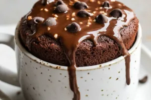 HIGH PROTEIN CHOCOLATE MUG CAKE centered hero view, clean and uncluttered