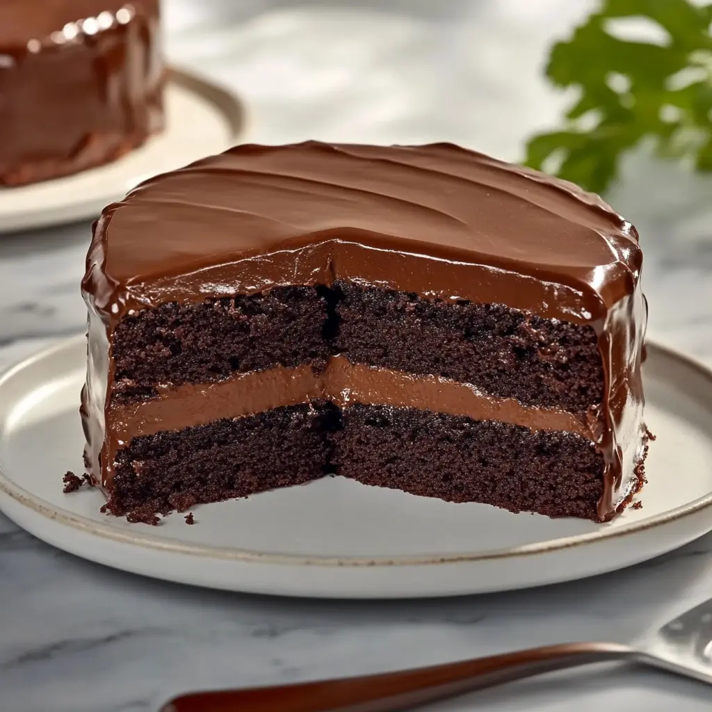 How to make chocolate box cake better - rich, fudgy chocolate cake on a serving plate