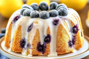 LEMON BLUEBERRY BUNDT CAKE centered hero view, clean and uncluttered