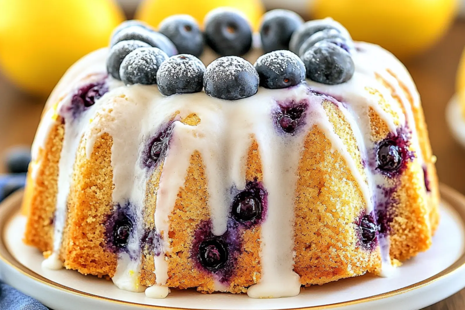 LEMON BLUEBERRY BUNDT CAKE centered hero view, clean and uncluttered