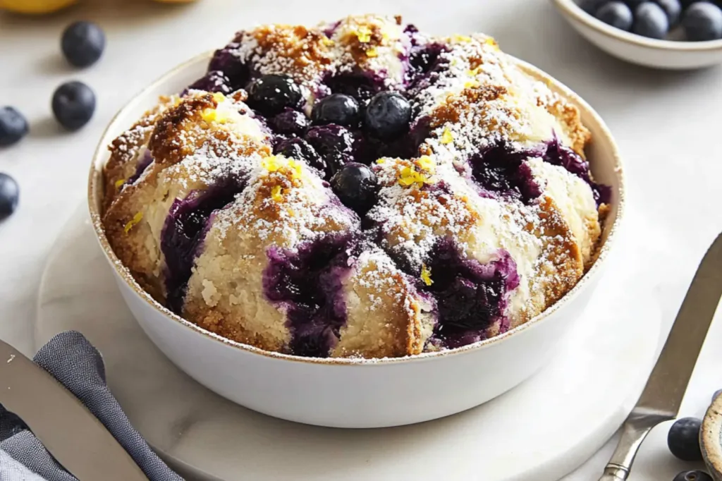 LEMON BLUEBERRY DUMP CAKE centered hero view, clean and uncluttered