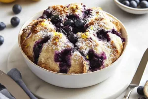 LEMON BLUEBERRY DUMP CAKE centered hero view, clean and uncluttered