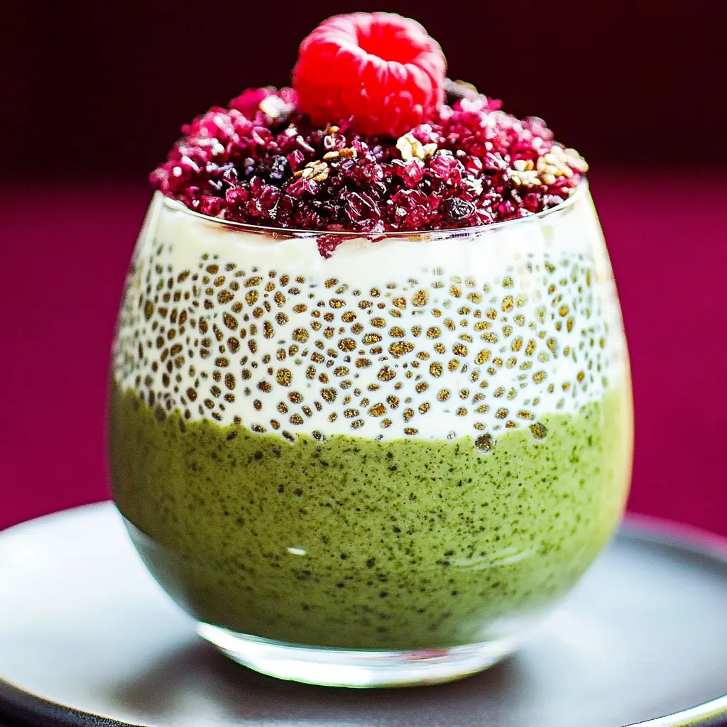 Matcha chia pudding with yogurt layered in a glass with fresh raspberries and coconut flakes