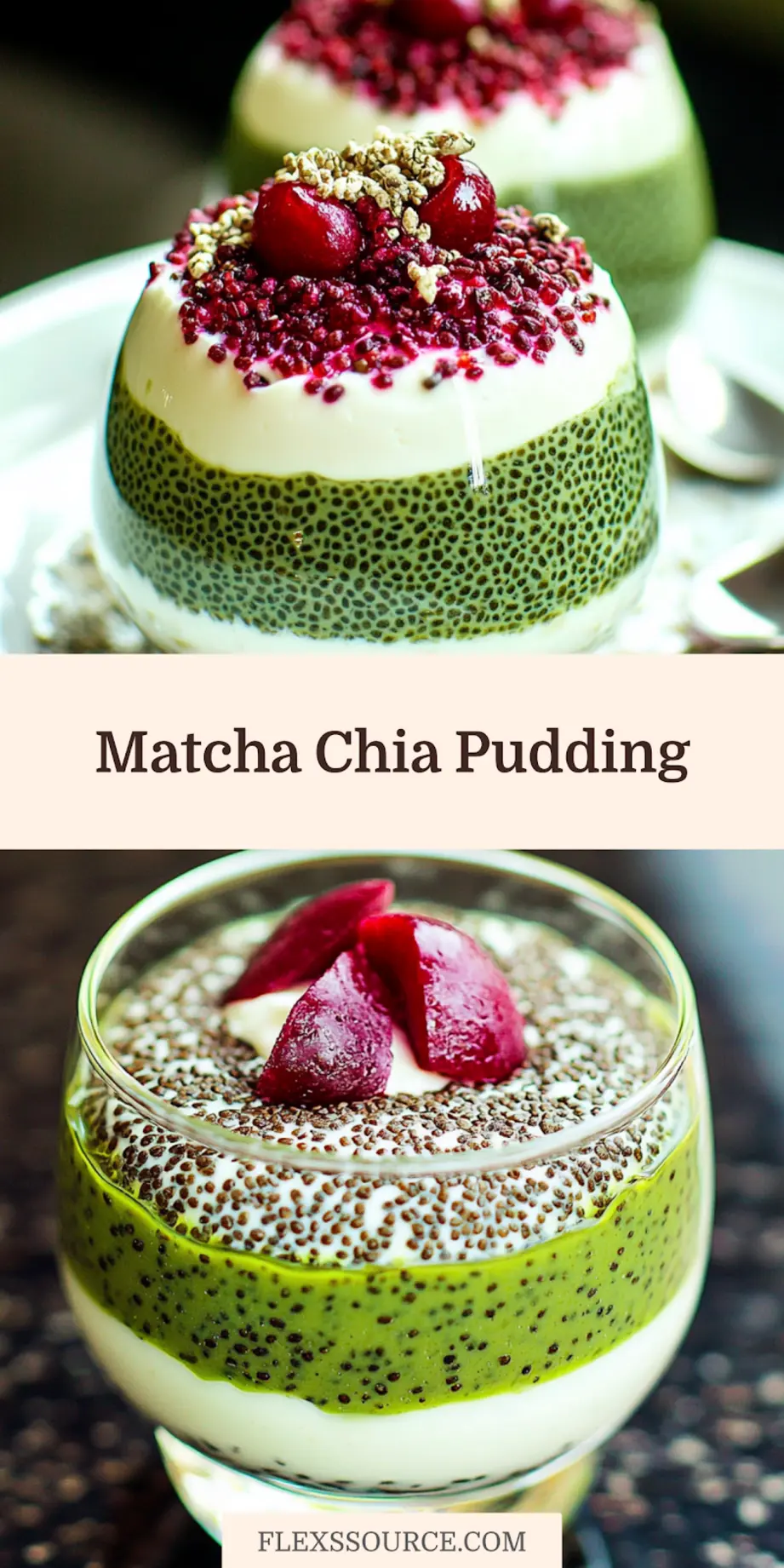 Matcha chia pudding with yogurt Pinterest pin featuring layered breakfast parfait