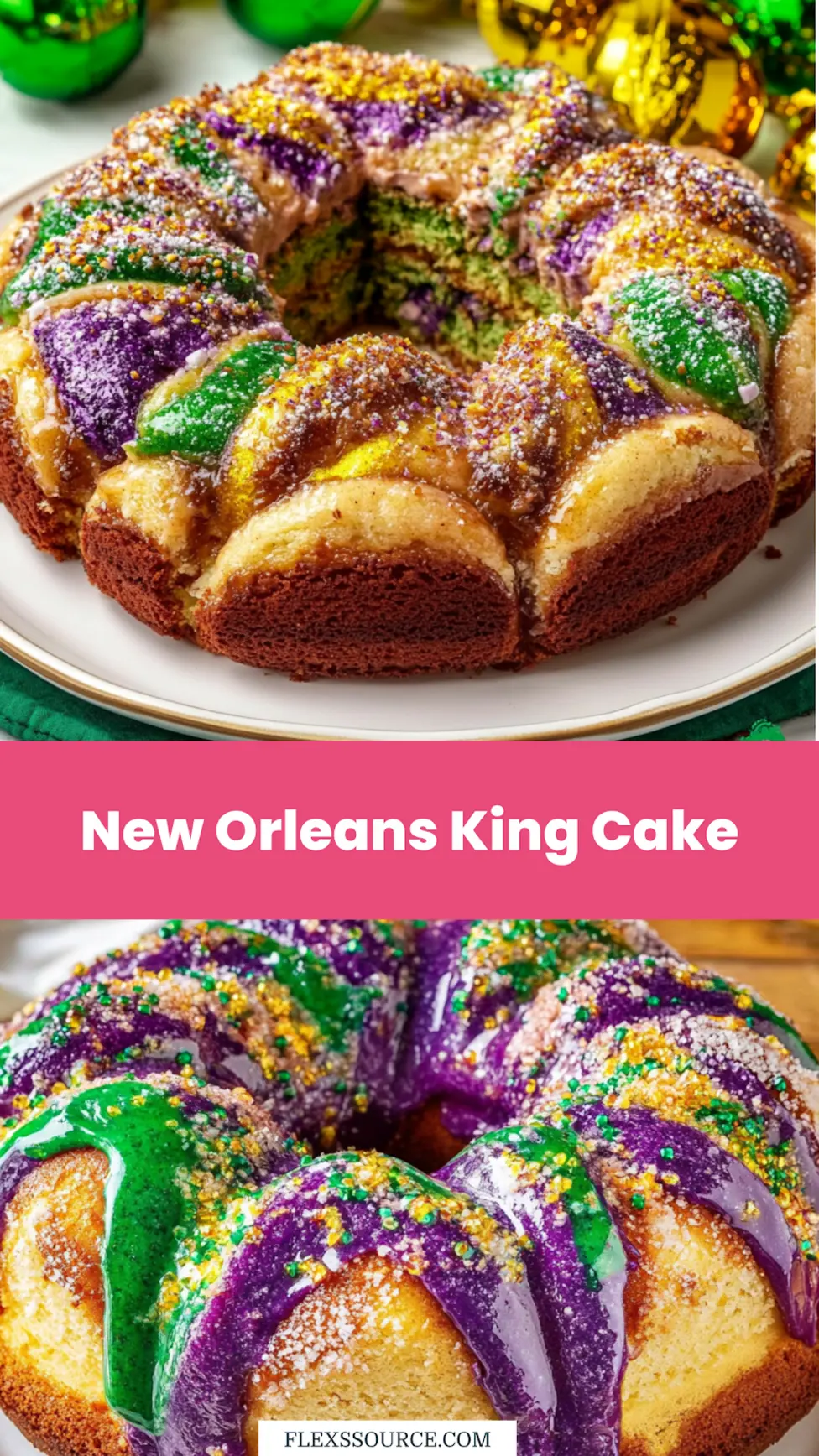 NEW ORLEANS KING CAKE RECIPE centered hero view, clean and uncluttered