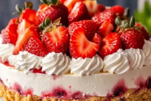 NO BAKE STRAWBERRY CHEESECAKE centered hero view, clean and uncluttered
