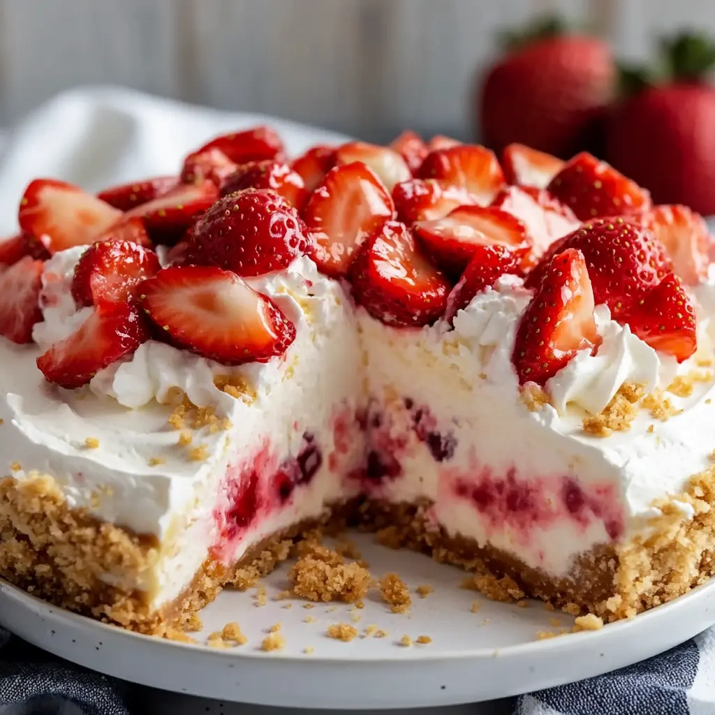 NO BAKE STRAWBERRY CHEESECAKE centered hero view, clean and uncluttered